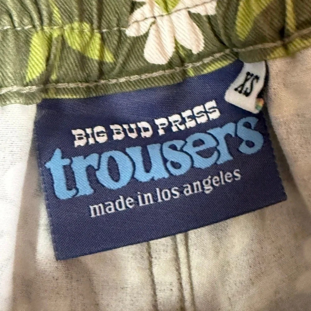 Big Bud Press Trousers XS Green Floral Daisy Print High Waist Pants NWOT